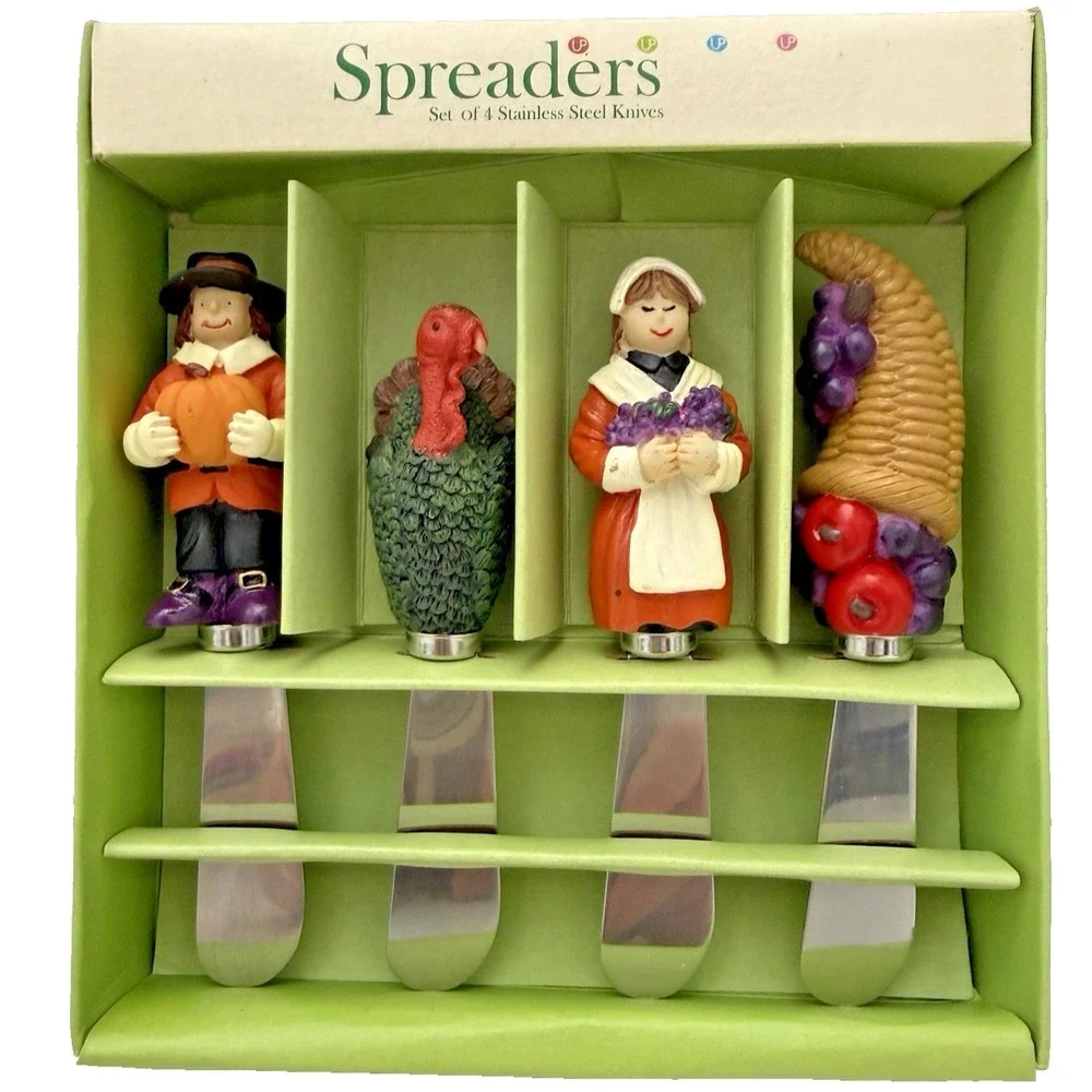 Thanksgiving Stainless Steel Cheese Butter Spreader Knives Set of 4 NEW in Box